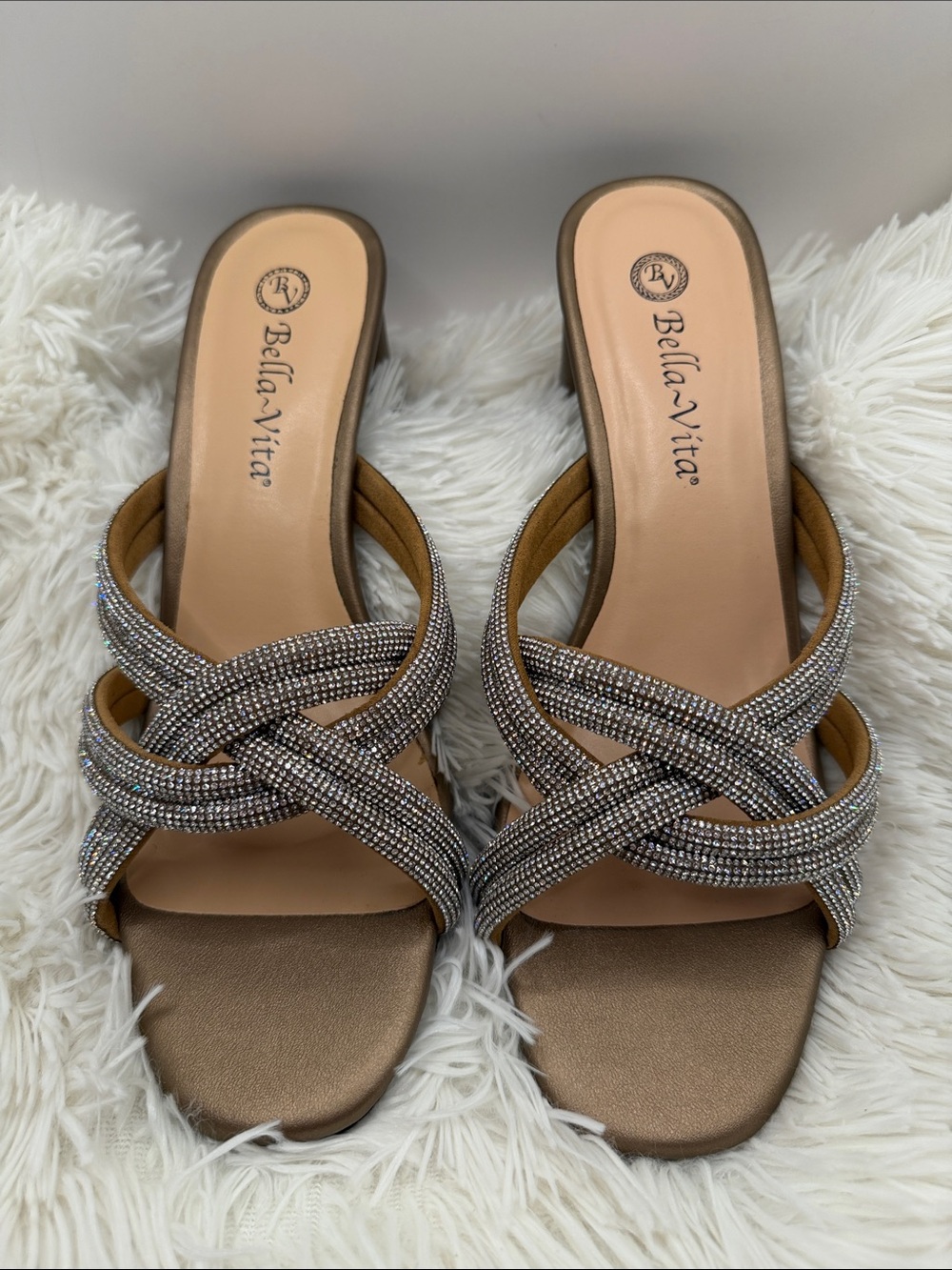 Bella Vita Metallic Gold Crystal-Knot Slide Heels